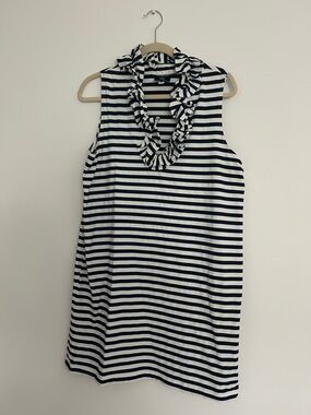 Sailor Sailoe Sleeveless Navy and White Striped Ruffle V-Neck Dress